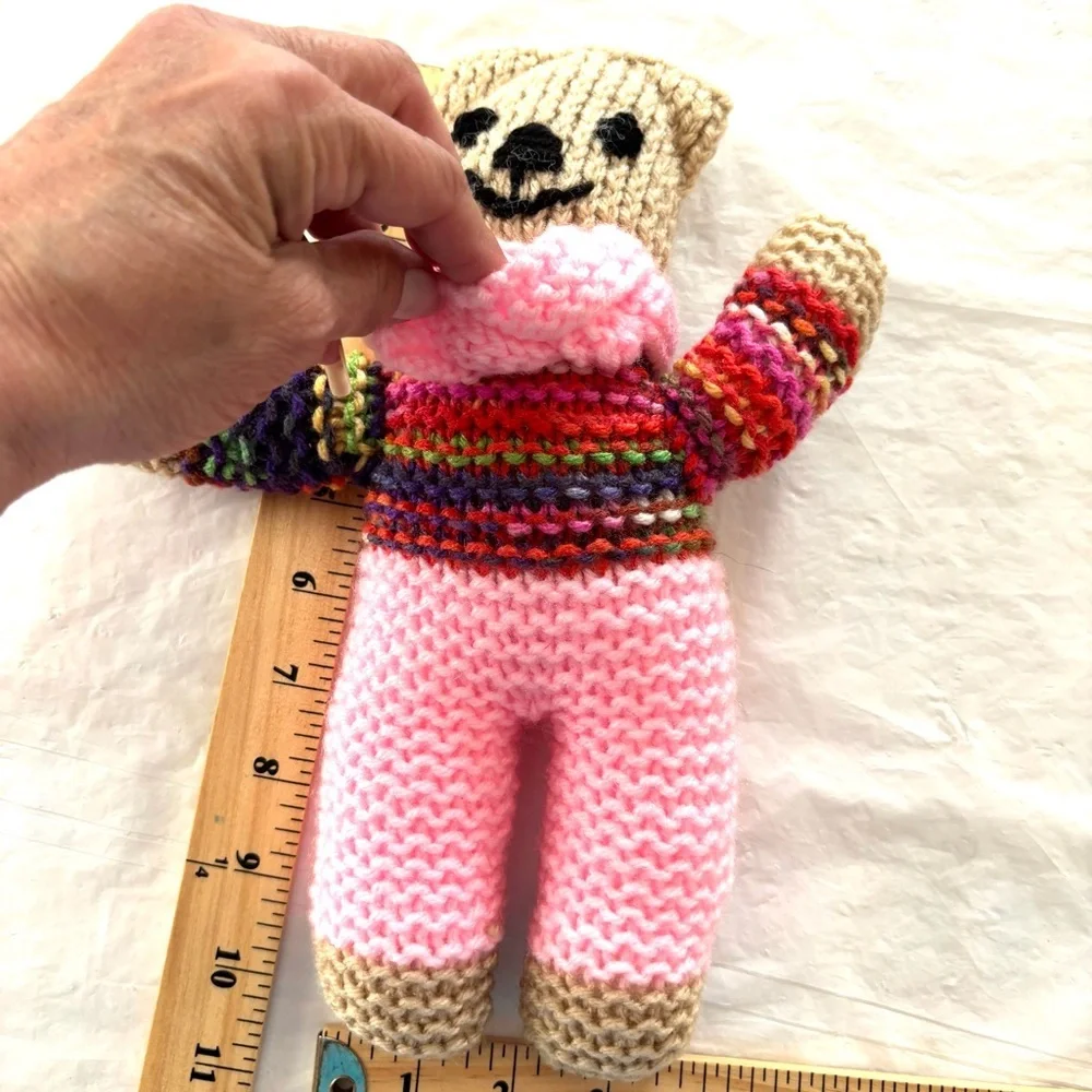 Hand Knitted Pink & Multicolor Teddy Bear Handmade. New